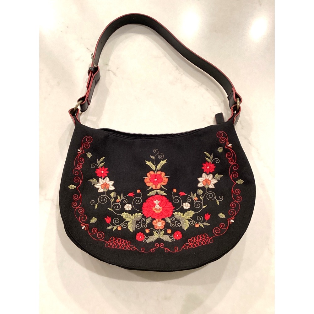 Women's Black Fabric Purse with Floral Embroidery With Inner Pocket